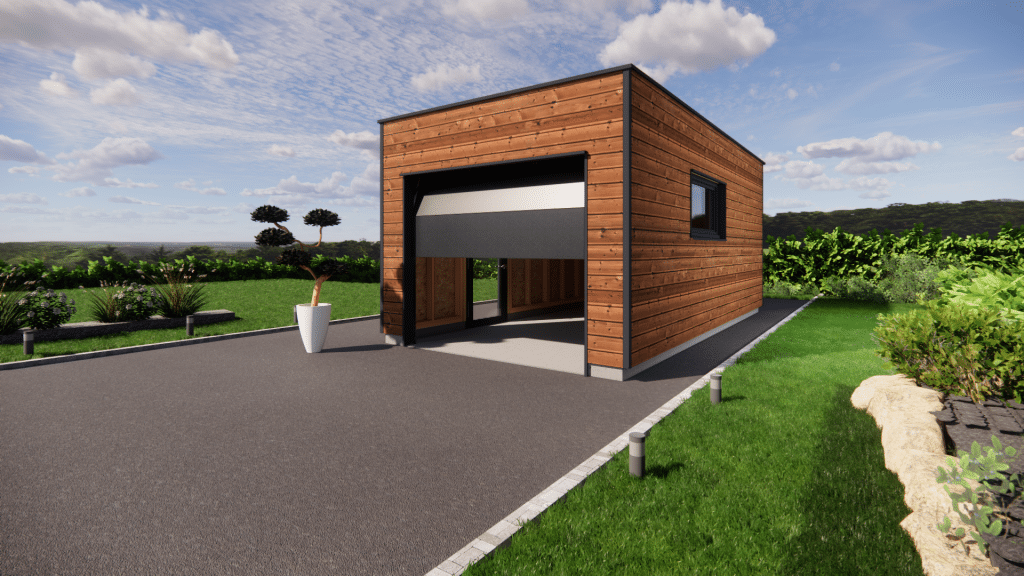 garage accolé en bois 3D environnement